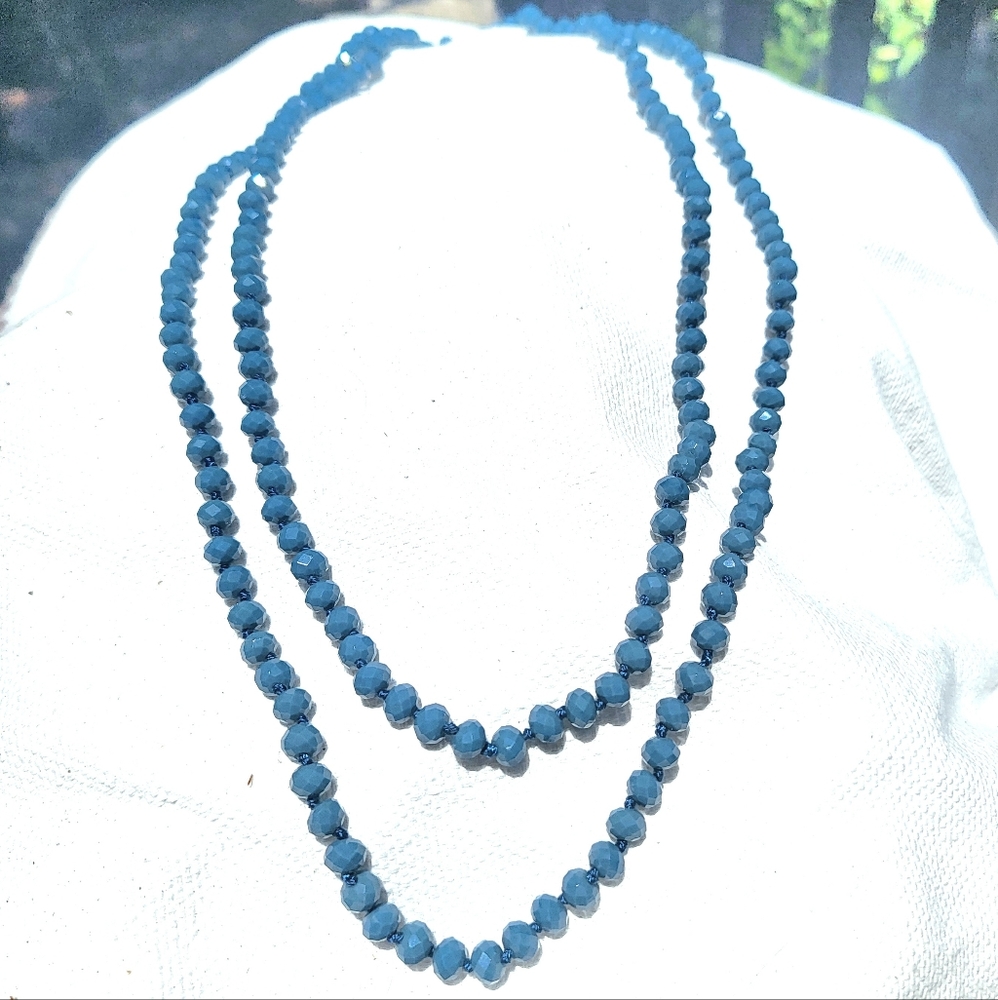 Vintage Faceted Denim Chalcedony Necklace Hand Knotted Denim Color 60"